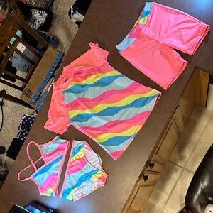 Lands' End Kids Swim Set including Rashguards - Coral, Blue, Yellow - 10